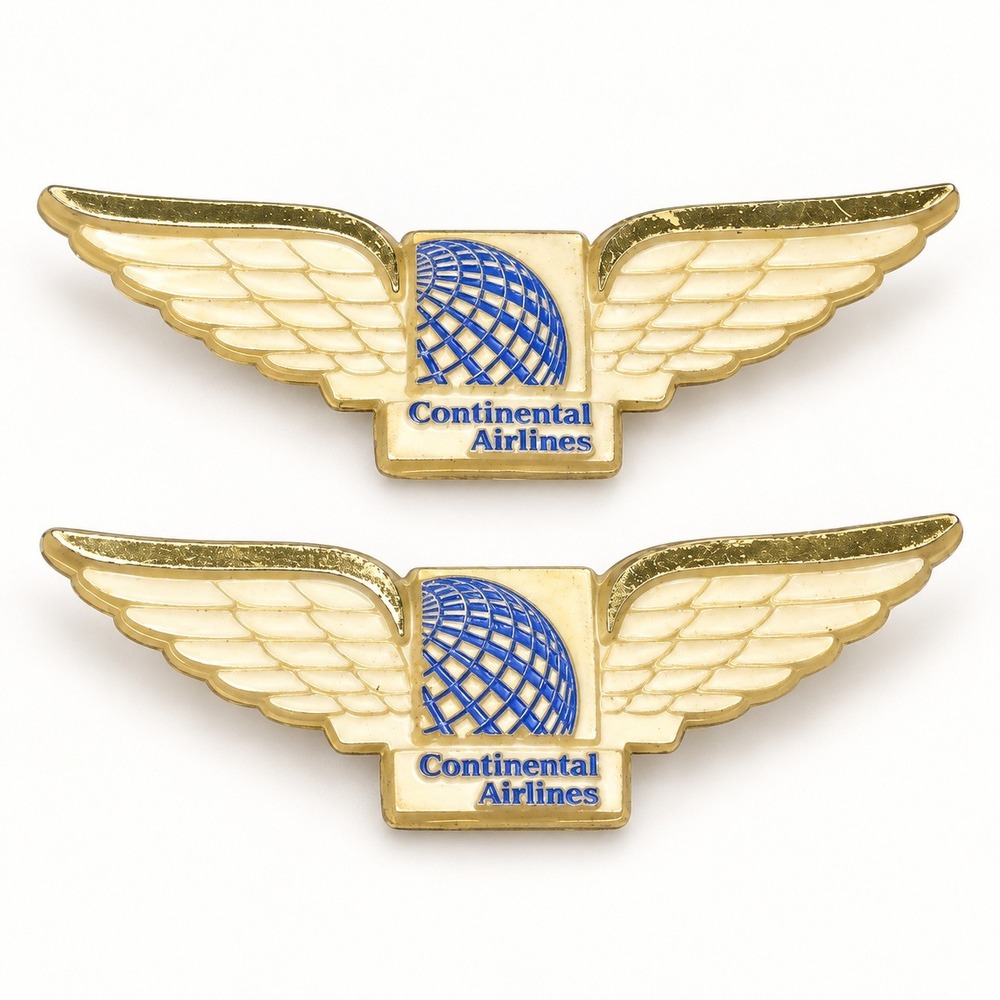 Vintage Continental Airlines Junior Pilot Wings Plastic Pins Set of 2 Gold White